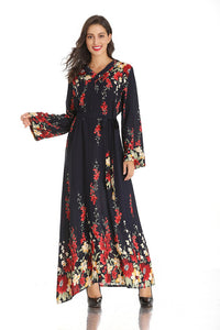 Middle East Muslim New Product V-neck Long-sleeved Lace-up Printed Large-scale Temperament Long Ethnic Style Satin Maxi Dress