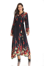 Load image into Gallery viewer, Middle East Muslim New Product V-neck Long-sleeved Lace-up Printed Large-scale Temperament Long Ethnic Style Satin Maxi Dress