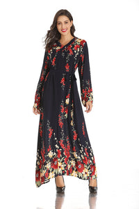 Middle East Muslim New Product V-neck Long-sleeved Lace-up Printed Large-scale Temperament Long Ethnic Style Satin Maxi Dress