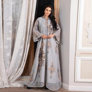 Middle East Plus Size Women's Muslim Evening Dress, Sequin Embroidered Net Yarn Ladies Dress Moroccan  Party Evening Dress