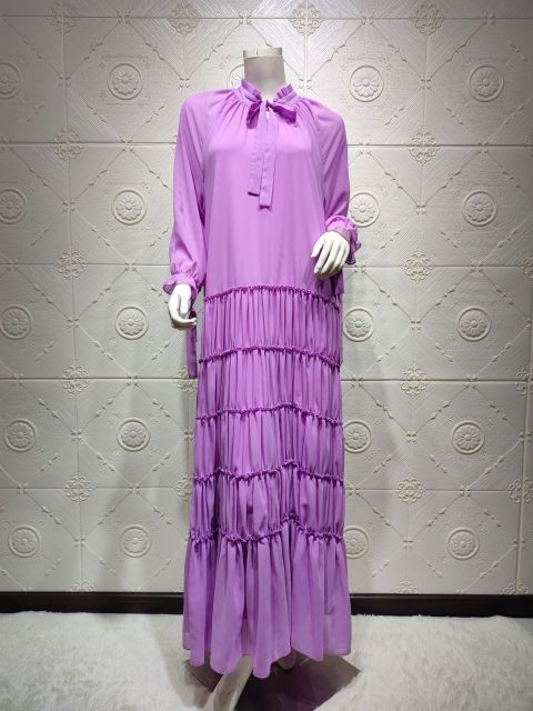 Middle East Women Long Dress Maxi Long Full Sleeve Solid Purple Dresses Turkey Arabic Dubai Muslim Clothing Robe Party Dress