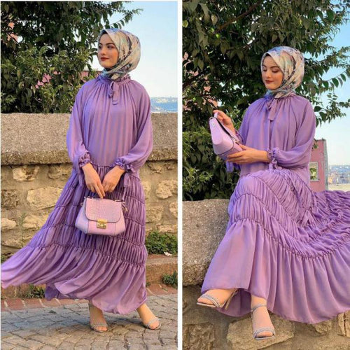 Middle East Women Long Dress Maxi Long Full Sleeve Solid Purple Dresses Turkey Arabic Dubai Muslim Clothing Robe Party Dress