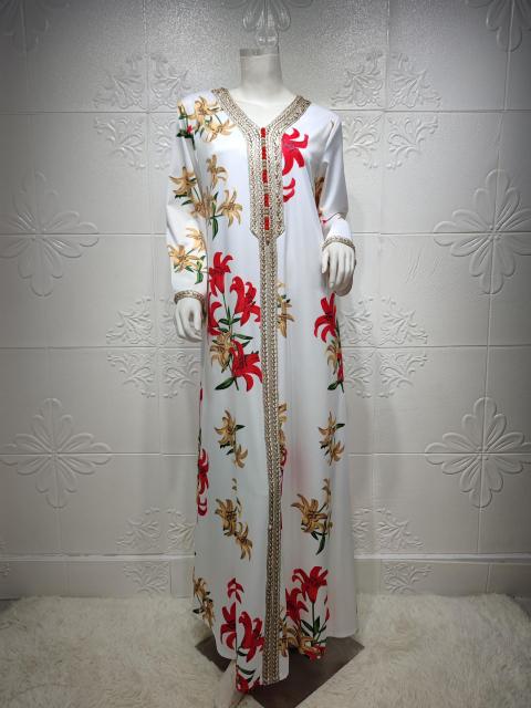 Middle East Women's Muslim Printed Dress Lace Ribbon Arabian Abaya Dubai Muslim Ladies Elegant Robes Muslim Woman Kimono