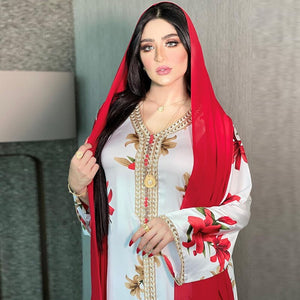 Middle East Women's Muslim Printed Dress Lace Ribbon Arabian Abaya Dubai Muslim Ladies Elegant Robes Muslim Woman Kimono