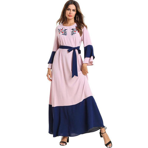Middle Eastern Muslim Fashion Plus Size Women's Contrasting Color Stitching Long Sleeve Long Dress Jalabiya Dress Dubai 2021