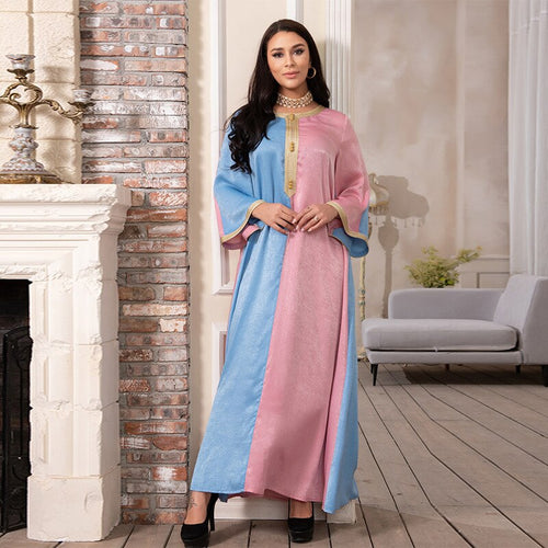 Middle Eastern Women's Fashion Color Matching Phnom Penh Muslim Women's Arab Hui Robe Eid Al-fitr Dress Dubai Satin Robe