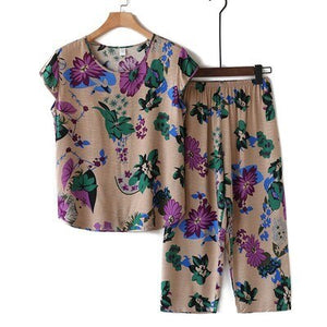 Middle-aged and Elderly Women's Summer Suits Short Sleeve Cotton linen T-shirt Top & Wide-leg Pants 2 Pcs Home Service Sets 4XL