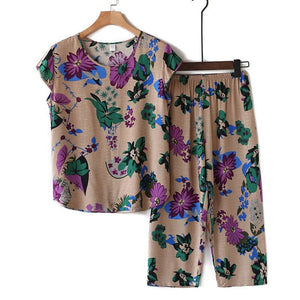 Middle-aged and Elderly Women's Summer Suits Short Sleeve Cotton linen T-shirt Top & Wide-leg Pants 2 Pcs Home Service Sets 4XL
