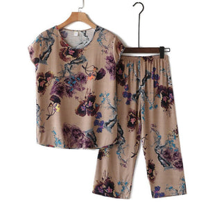 Middle-aged and Elderly Women's Summer Suits Short Sleeve Cotton linen T-shirt Top & Wide-leg Pants 2 Pcs Home Service Sets 4XL