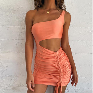 Mini Bodycon Summer Dress Women Club Hollow Out Ruched Backless Orange White Black Party Bandage Women Sexy Dresses