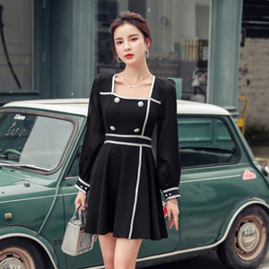 Mini Dress 2021 Spring New Arrival Women Square Collar Full Puff Sleeve Dress Fashion Slim Casual Mini Dress Female Vestido