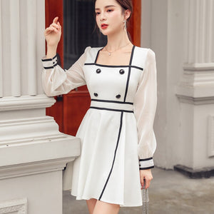 Mini Dress 2021 Spring New Arrival Women Square Collar Full Puff Sleeve Dress Fashion Slim Casual Mini Dress Female Vestido