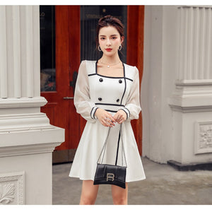 Mini Dress 2021 Spring New Arrival Women Square Collar Full Puff Sleeve Dress Fashion Slim Casual Mini Dress Female Vestido