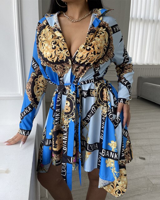 Mini Dress Women 2021 New Button Up Color Printed Shirt Dress