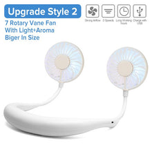 Load image into Gallery viewer, Mini Portable Hanging Neckband Fan USB Rechargeable Double Fans Air Cooler Conditioner Colorful Aroma Electric Desk Fan For Room