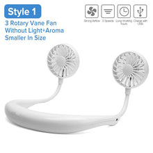 Load image into Gallery viewer, Mini Portable Hanging Neckband Fan USB Rechargeable Double Fans Air Cooler Conditioner Colorful Aroma Electric Desk Fan For Room