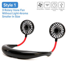 Load image into Gallery viewer, Mini Portable Hanging Neckband Fan USB Rechargeable Double Fans Air Cooler Conditioner Colorful Aroma Electric Desk Fan For Room