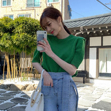 Load image into Gallery viewer, Miss Korean Chic Summer All-Matching Youthful-Looking round Neck Pullover Loose Thin Casual Puff Sleeve Sweater