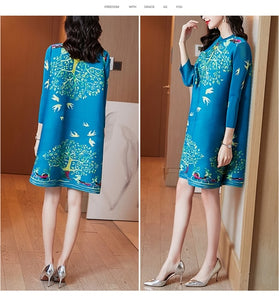 Miyak Pleated Vintage Print Loose Mini Dress Women Autumn Chinese Style Buckle Stand Collar Large Size Improved Cheongsam Female