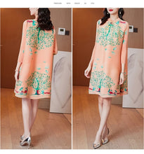 Load image into Gallery viewer, Miyak Pleated Vintage Print Loose Mini Dress Women Autumn Chinese Style Buckle Stand Collar Large Size Improved Cheongsam Female