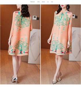 Miyak Pleated Vintage Print Loose Mini Dress Women Autumn Chinese Style Buckle Stand Collar Large Size Improved Cheongsam Female