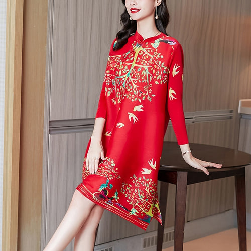 Miyak Pleated Vintage Print Loose Mini Dress Women Autumn Chinese Style Buckle Stand Collar Large Size Improved Cheongsam Female