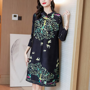 Miyak Pleated Vintage Print Loose Mini Dress Women Autumn Chinese Style Buckle Stand Collar Large Size Improved Cheongsam Female