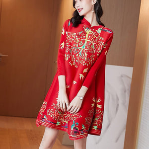 Miyak Pleated Vintage Print Loose Mini Dress Women Autumn Chinese Style Buckle Stand Collar Large Size Improved Cheongsam Female