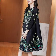 Load image into Gallery viewer, Miyak Pleated Vintage Print Loose Mini Dress Women Autumn Chinese Style Buckle Stand Collar Large Size Improved Cheongsam Female