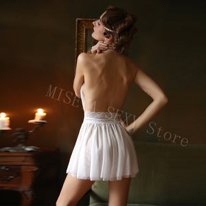 Monroe Style Sexy Lingerie Deep V-neck Nightdress Tulle Backless Perspective Halter Neck Bride Home Wear Sleepwear Nightgowns