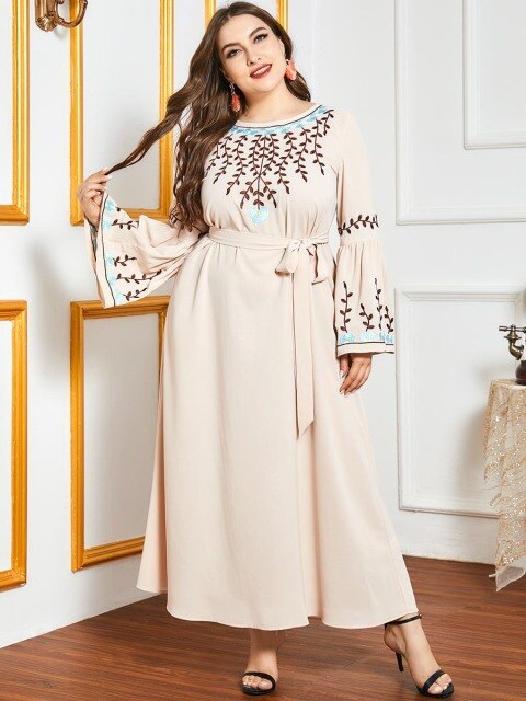 Moroccan Oriental Dress Arabian Oversized Women's Dress Stitching Flared Sleeve Embroidery Casual Muslim Long Skirt Abaya Kimono