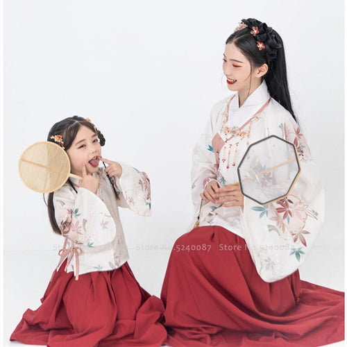 Mother Daughter Chinese Traditional Hanfu Party Dress Women Girl Fairy Princess Performance Costume Bag Kid Embroidery Tang Suit