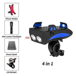 Multi-function Bicycle Light USB Rechargeable LED Bike Head Lamp Bike Horn Phone Holder Powerbank 4 in 1 MTB Cycling Front Light