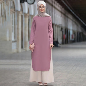 Muslim Abaya Dress Long Tops Arab Turkey Dubai Brief Solid Side Split O Neck Long Sleeve Top Eid Ranmadan Islamic Clothing Ropa