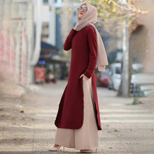 Load image into Gallery viewer, Muslim Abaya Dress Long Tops Arab Turkey Dubai Brief Solid Side Split O Neck Long Sleeve Top Eid Ranmadan Islamic Clothing Ropa