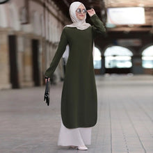 Load image into Gallery viewer, Muslim Abaya Dress Long Tops Arab Turkey Dubai Brief Solid Side Split O Neck Long Sleeve Top Eid Ranmadan Islamic Clothing Ropa