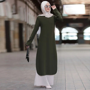 Muslim Abaya Dress Long Tops Arab Turkey Dubai Brief Solid Side Split O Neck Long Sleeve Top Eid Ranmadan Islamic Clothing Ropa