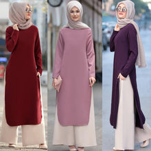 Load image into Gallery viewer, Muslim Abaya Dress Long Tops Arab Turkey Dubai Brief Solid Side Split O Neck Long Sleeve Top Eid Ranmadan Islamic Clothing Ropa