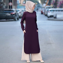 Load image into Gallery viewer, Muslim Abaya Dress Long Tops Arab Turkey Dubai Brief Solid Side Split O Neck Long Sleeve Top Eid Ranmadan Islamic Clothing Ropa