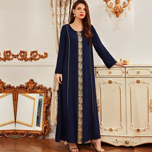 Muslim Clothes Plus Size Women's Long Sleeve Dress Fashion Pure Color Loose Waist Blue Casual Embroidered Long Moroccan Caftan