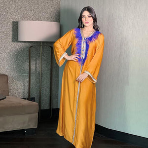 Muslim Clothing For Women Ethnic Ribbon V Neck Embroidered Feathers Long Sleeve Maxi Dress Autumn 2021 Middle East Arabic Dubai