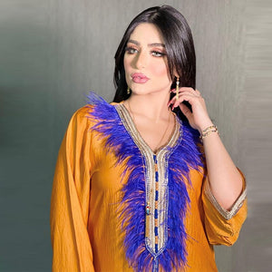 Muslim Clothing For Women Ethnic Ribbon V Neck Embroidered Feathers Long Sleeve Maxi Dress Autumn 2021 Middle East Arabic Dubai