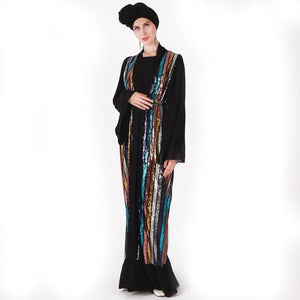Muslim Color Vertical Stripes Sequins Embroidery Chiffon Stitching Long-sleeved Jacket Cardigan Women's Robe Without Turban