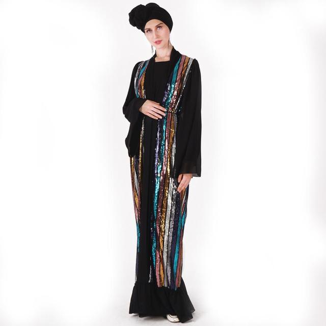 Muslim Color Vertical Stripes Sequins Embroidery Chiffon Stitching Long-sleeved Jacket Cardigan Women's Robe Without Turban