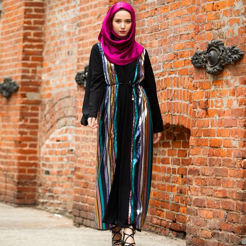 Muslim Color Vertical Stripes Sequins Embroidery Chiffon Stitching Long-sleeved Jacket Cardigan Women's Robe Without Turban