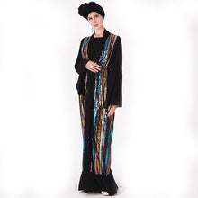 Load image into Gallery viewer, Muslim Color Vertical Stripes Sequins Embroidery Chiffon Stitching Long-sleeved Jacket Cardigan Women&#39;s Robe Without Turban