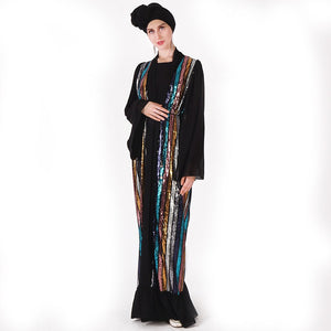 Muslim Color Vertical Stripes Sequins Embroidery Chiffon Stitching Long-sleeved Jacket Cardigan Women's Robe Without Turban