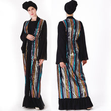 Load image into Gallery viewer, Muslim Color Vertical Stripes Sequins Embroidery Chiffon Stitching Long-sleeved Jacket Cardigan Women&#39;s Robe Without Turban