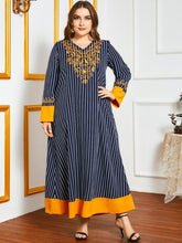Load image into Gallery viewer, Muslim Dress Striped Heavy Industry Embroidery Oversized Women&#39;s Temperament Contrast Stitching  Long Skirt Moroccan Clothes