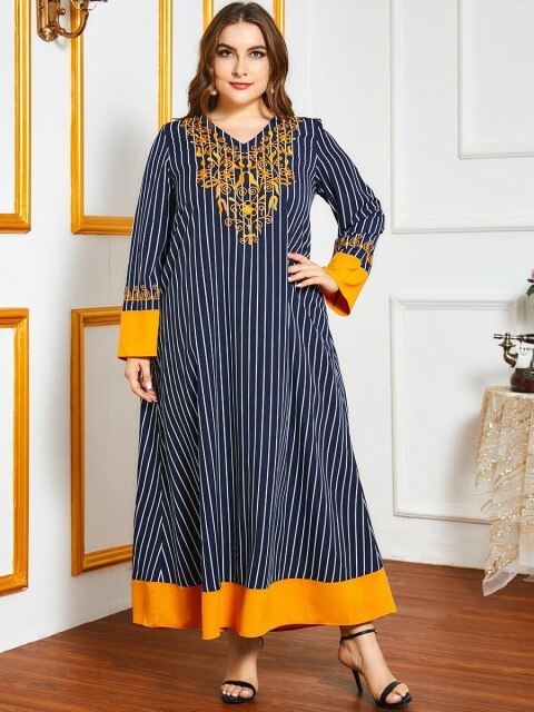 Muslim Dress Striped Heavy Industry Embroidery Oversized Women's Temperament Contrast Stitching  Long Skirt Moroccan Clothes